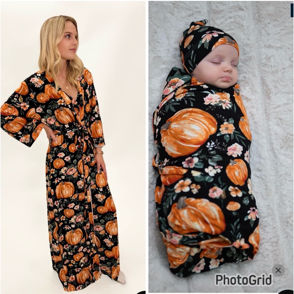 Pumpkin Print Matching Robe and Swaddle Set